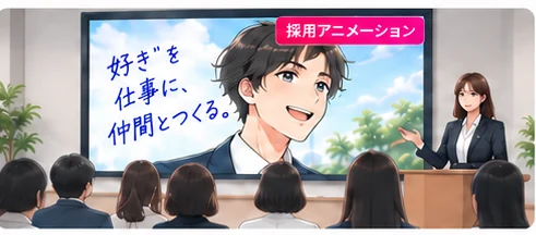 会社説明会の会場で採用アニメーションを上映している様子