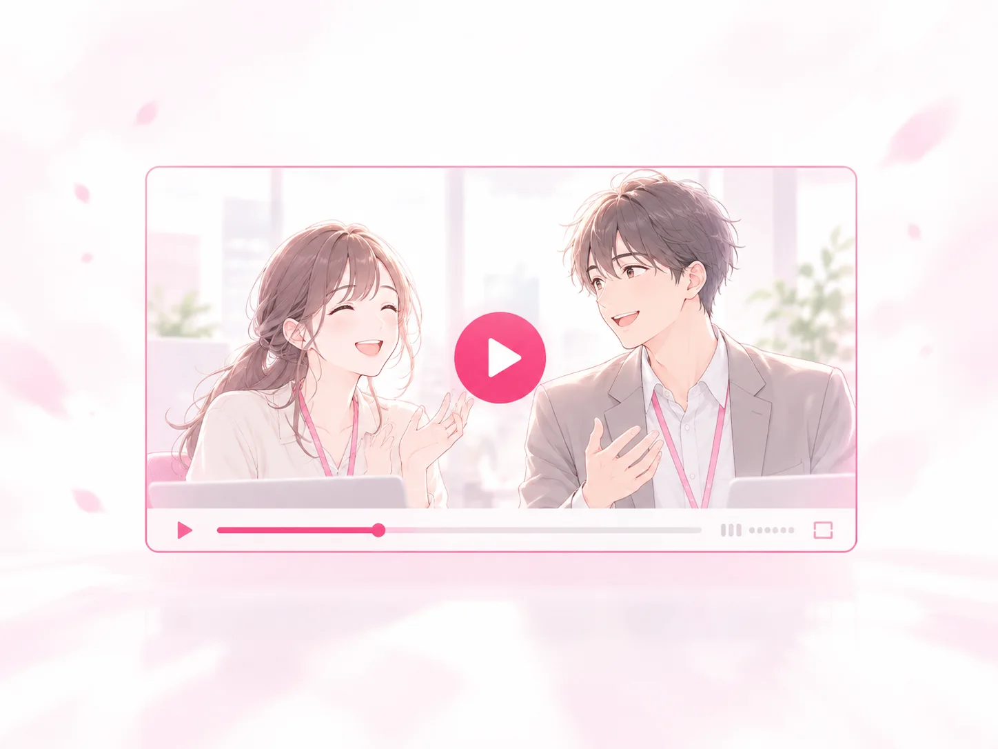 再生ボタンのついた動画プレイヤーに映る、オフィスで語り合う社員たちの採用アニメーション