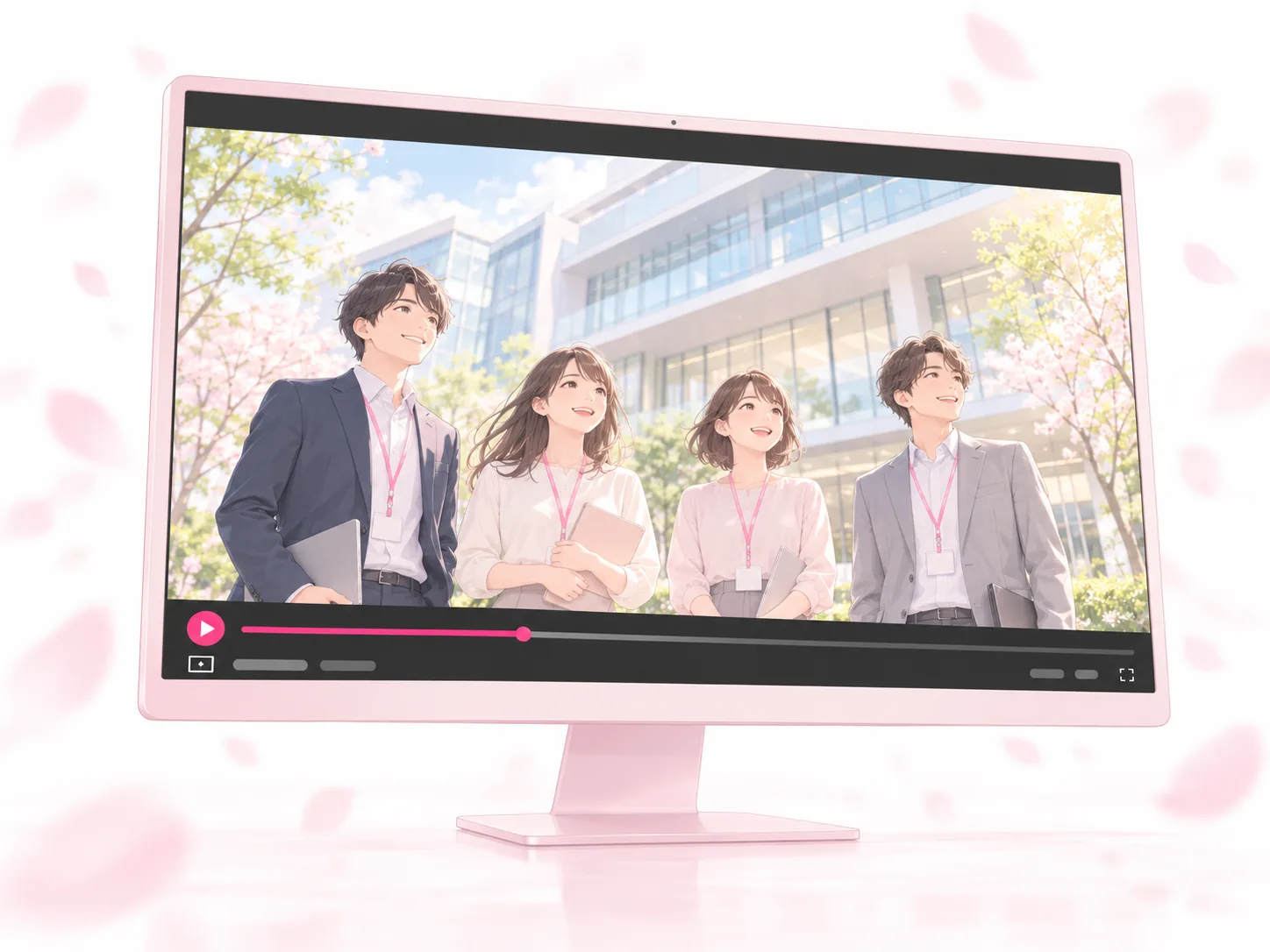 モニターに映る会社紹介動画。オフィスビルの前に並んで笑顔で立つ4人の社員